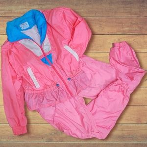 1990s Casual Club Pink Blue White Color Block Windbreaker Set Size Small